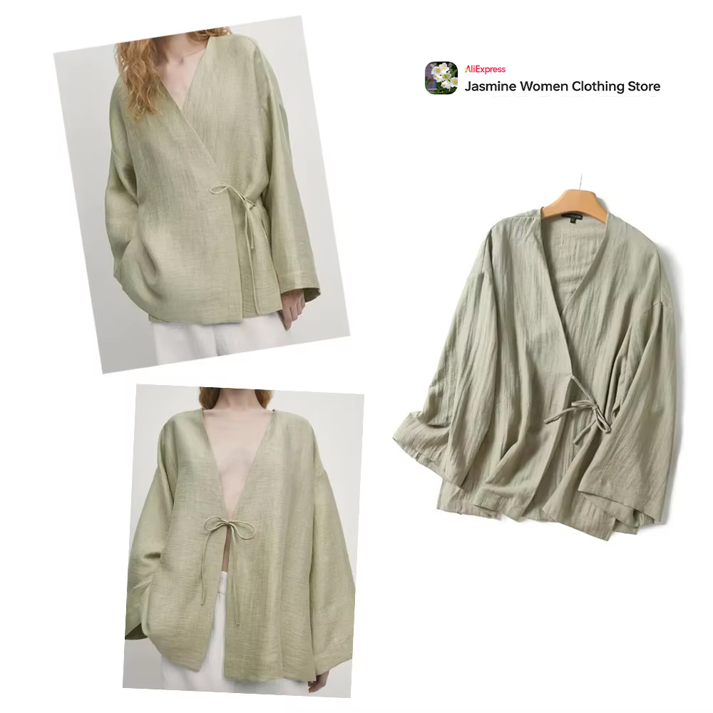 Sewing V - بلوزة زيتونية مريحة مع ربطات عنق